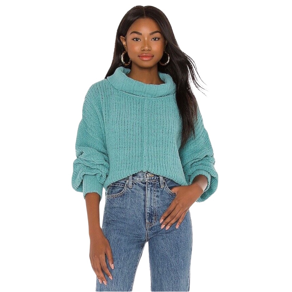 Free People Be Yours Cowl Neck Boxy Fit Teal/Green Crop Sweater | OverSized XS